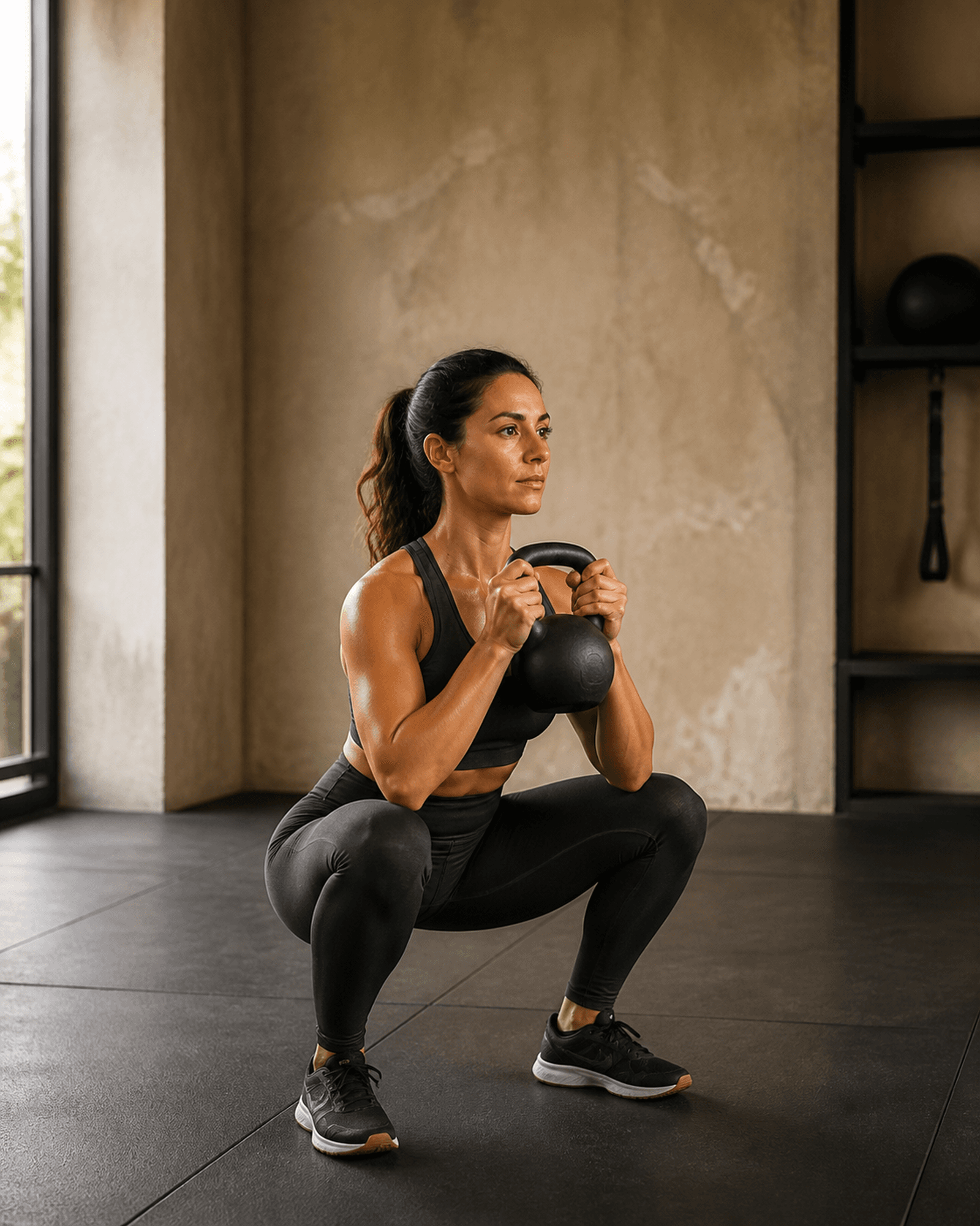 Athletin führt eine kontrollierte Kniebeuge mit einer Kettlebell aus.